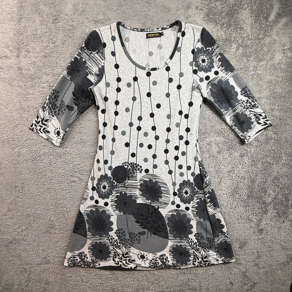 Reborn Womens S Knit Dress Black Gray Polka Dot Floral 3/4 Sleeve Casual Boho